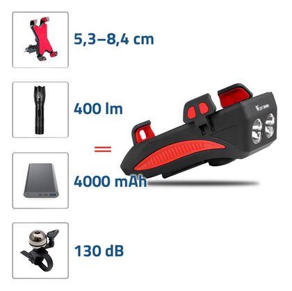 Obrázok z 4v1: LED svetlo, 4000 mAh powerbanka, zvonček a držiak mobilu na bicykel
