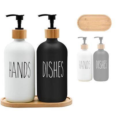 Obrázok z Sada dávkovačov s pumpičkou na mydlo a jar na podnose