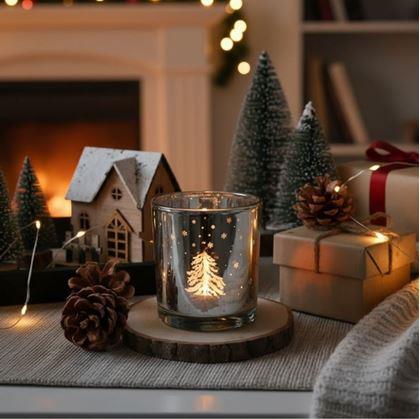 Obrázok z Sklenený vianočný svietnik na čajovú sviečku -  zimný les
