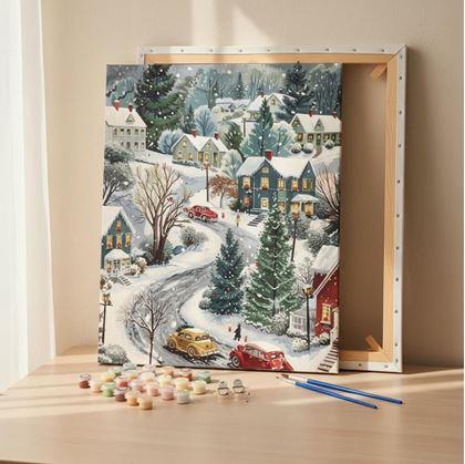 Obrázok z Maľovanie podľa čísel, napnuté plátno na rám - zimná dedina