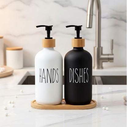 Obrázok Sada dávkovačov s pumpičkou na mydlo a jar na podnose