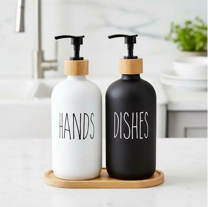 Obrázok z Sada dávkovačov s pumpičkou na mydlo a jar na podnose