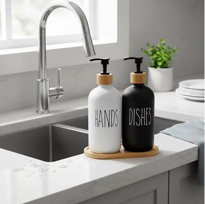 Obrázok Sada dávkovačov s pumpičkou na mydlo a jar na podnose