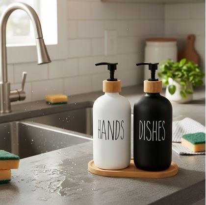 Obrázok z Sada dávkovačov s pumpičkou na mydlo a jar na podnose