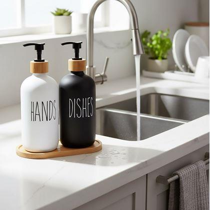 Obrázok z Sada dávkovačov s pumpičkou na mydlo a jar na podnose