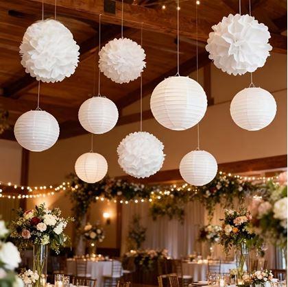 Obrázok z Biela papierová dekorácia Pompom 20 cm 5 ks