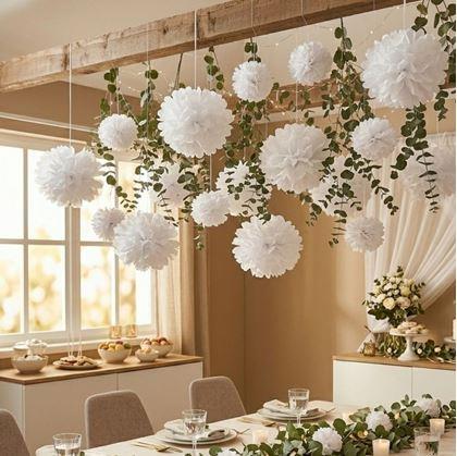 Obrázok z Biela papierová dekorácia Pompom 20 cm 5 ks