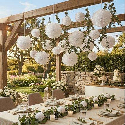 Obrázok z Biela papierová dekorácia Pompom 20 cm 5 ks