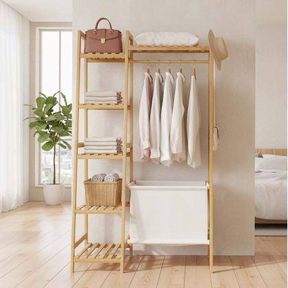 Obrázok z Drevený stojan na oblečenie s policami a vešiakom - šírka 80 cm