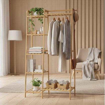 Obrázok z Drevený stojan na oblečenie s policami a vešiakom - šírka 80 cm