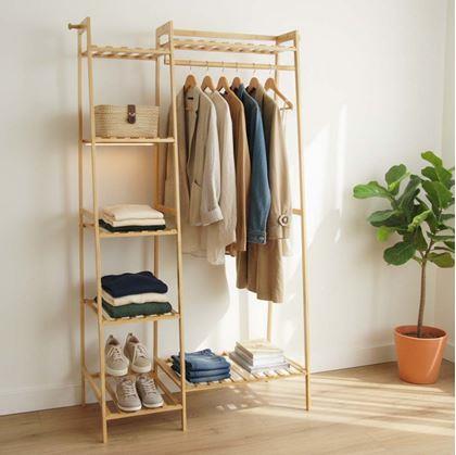 Obrázok z Drevený stojan na oblečenie s policami a vešiakom - šírka 80 cm