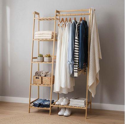 Obrázok z Drevený stojan na oblečenie s policami a vešiakom - šírka 80 cm