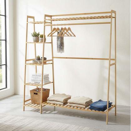 Obrázok z Drevený stojan na oblečenie s policami a vešiakom - šírka 130 cm