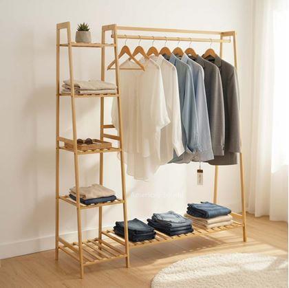 Obrázok z Drevený stojan na oblečenie s policami a vešiakom - šírka 130 cm