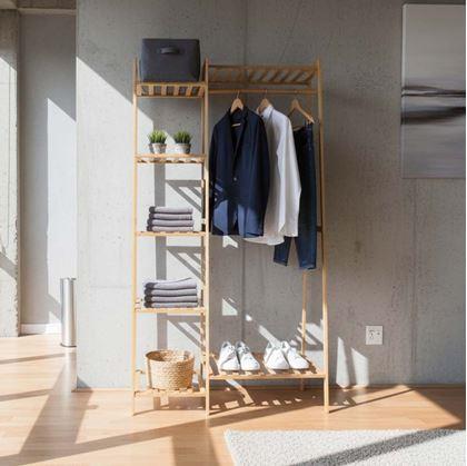 Obrázok z Bambusový stojan na oblečenie s policami a vešiakom – šírka 80 cm