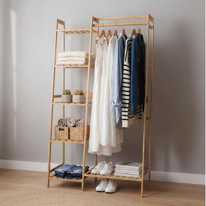 Obrázok z Bambusový stojan na oblečenie s policami a vešiakom – šírka 80 cm