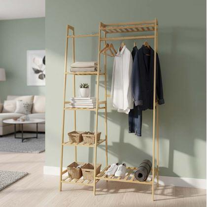 Obrázok z Bambusový stojan na oblečenie s policami a vešiakom – šírka 80 cm