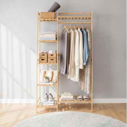 Obrázok z Bambusový stojan na oblečenie s policami a vešiakom – šírka 80 cm