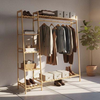 Obrázok z Bambusový stojan na oblečenie s policami a vešiakom - šírka 130 cm