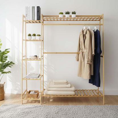 Obrázok Bambusový stojan na oblečenie s policami a vešiakom - šírka 130 cm