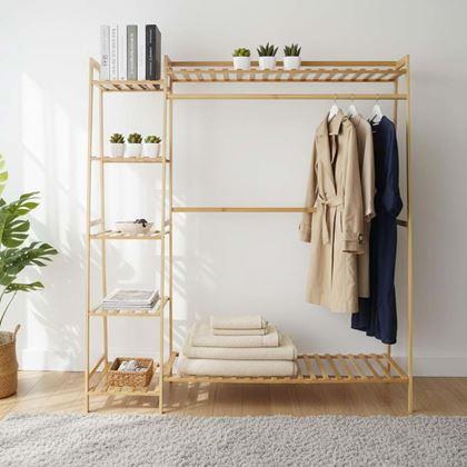 Obrázok z Bambusový stojan na oblečenie s policami a vešiakom - šírka 130 cm