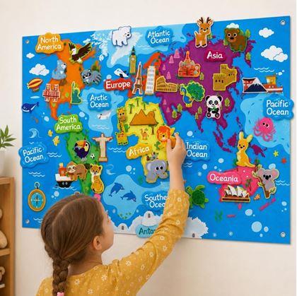 Obrázok z Plstená detská mapa sveta so zvieratkami a pamiatkami