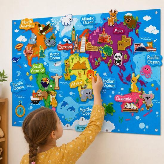 Obrázok z Plstená detská mapa sveta so zvieratkami a pamiatkami
