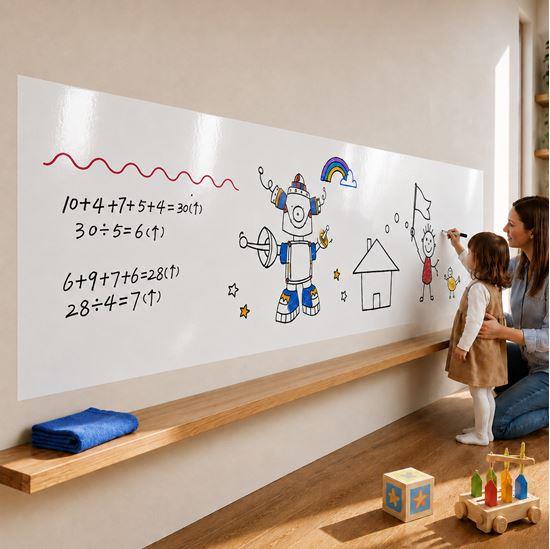 Obrázok z Biela popisovacia a nalepovacia tabuľa/fólia s handričkou a fixkou, 200x45 cm